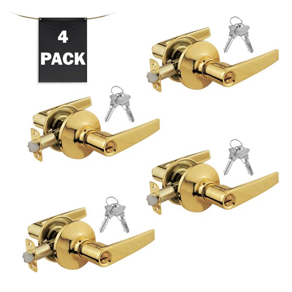 Premier Lock Entry Door Lever Lock Set Set of 4, Keyed Alike, Polished Brass, 4PK LEV01X-4